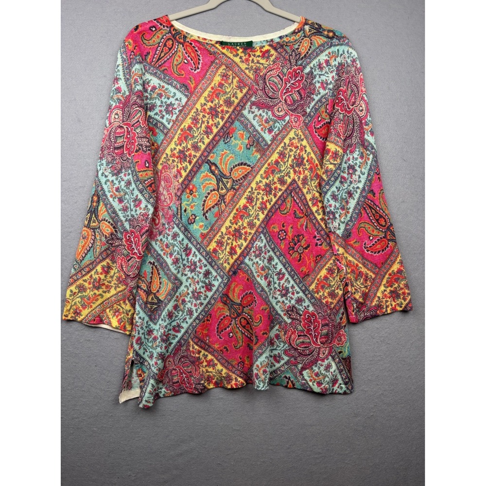 Lauren Ralph Lauren Silk Top Womens Large Paisley Print Patchwork Boho Chic